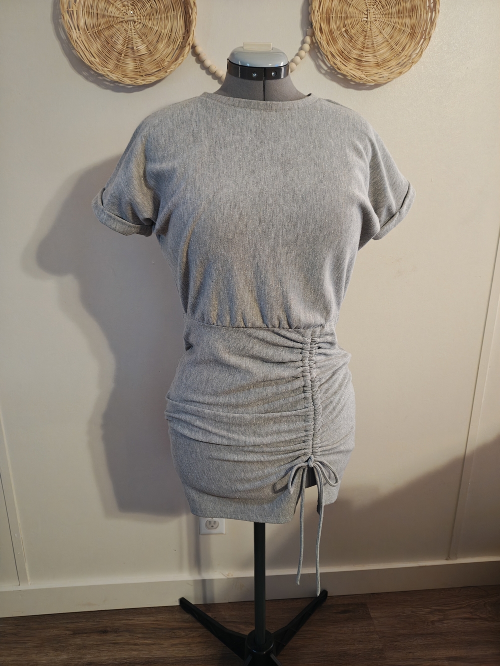 Express Heather Gray Ruched Drawstring T-Shirt Dress